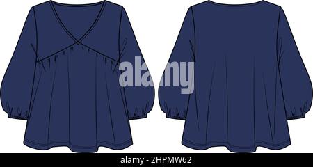 Frau V-Ausschnitt Bluse mit ausgestellten Details technische Zeichnung, lange Ballon Ärmel Oberteil mit Rüschen Mode CAD, Skizze, flach. Blou aus Jersey oder Webstoff Stock Vektor