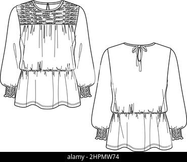 Frau Bluse Skizze, Bluse CAD, oben Skizze für Frau, Bluse Zeichnung, Frau Kleidung Skizze, Frau Appell, oben CAD, Gewickelte Bluse Skizze, top Technik Stock Vektor