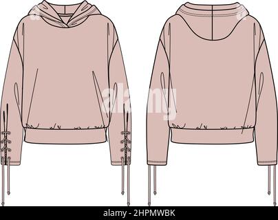 Vector Lounge Kapuzen Sweatshirt Mode CAD, Sport Frau Langarm Sweatshirt mit Ösen Detail technische Zeichnung, Vorlage, Skizze, flach. Trikot Stock Vektor