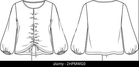 Vector Frau Rundhalsbluse mit Raffung Mode CAD, lange Ballon Ärmel Oberteil mit gesmokten Detail technische Zeichnung, flach, Skizze. Jersey oder wov Stock Vektor