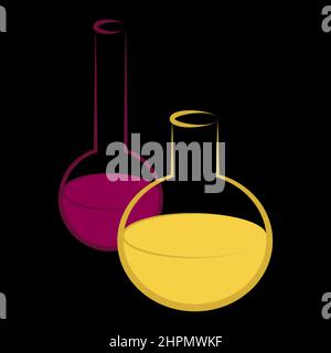 Vektorsymbole für chemische Reagenzgläser setzen minimalistische Illustrationen ein. Experiment chemische Kolben für Wissenschaft isoliert auf schwarzem Hintergrund. Stock Vektor