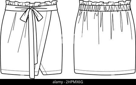 Vektor gewickelter Rock mit Gürtel technische Zeichnung, Vorlage, flach, Skizze. Minirock Mode CAD mit Rüschen und Schleife Detail. Jersey oder Gewebe sk Stock Vektor
