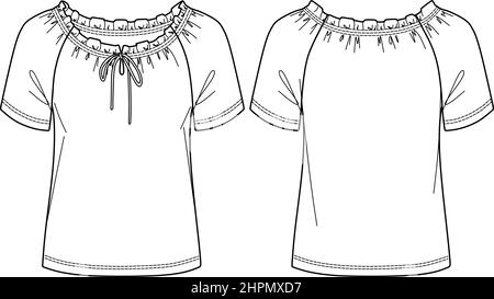 Vector Kurzarm Bluse Mode CAD, Frau Top mit Raffung und Tunnelzug Detail technische Zeichnung, Vorlage, Skizze Stock Vektor