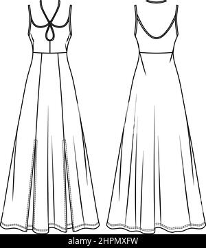 Vector Maxi-Kleid mit Schultergurten technische Zeichnung, Frauenkleid mit seitlichen Schlitzen und Schleife Mode CAD, Skizze, Vorlage, flach. Jersey oder gewebte fa Stock Vektor