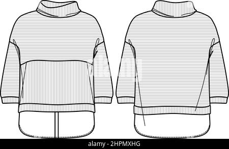 Vector Frau Sweatshirt Mode CAD, langärmeliges Rollkragen Sweatshirt technische Zeichnung, Vorlage, Skizze, flach. Bluse aus Jersey- oder Webstoff mit Stock Vektor