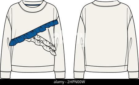 Vector langärmelige übergroße Top Mode CAD, Frau Boxy Form Rollkragen mit Rüschen Details Sweatshirt technische Zeichnung, Vorlage, Mock up, flach. Stock Vektor