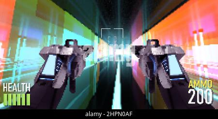 Pixel Artwork Illustration der First Person View Sci-Fi futuristische 16-Bit-Shooter-Spiel-Schnittstelle mit Waffen, Ammo und Gesundheit Indikatoren. Stockfoto