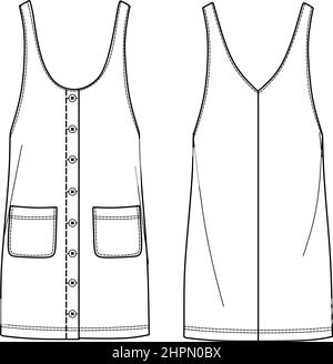Vector Gesamtkleid technische Zeichnung, Frau Gesamtmode CAD, Kleid Vorlage mit Taschen und Knöpfen Stock Vektor