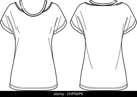 Vector ärmellose Rundhalsausschnitt Top Mode CAD, Frau sank Schulter Bluse mit Ausschnitten technische Zeichnung, Vorlage, flach, Skizze. Jersey oder gewebt f Stock Vektor