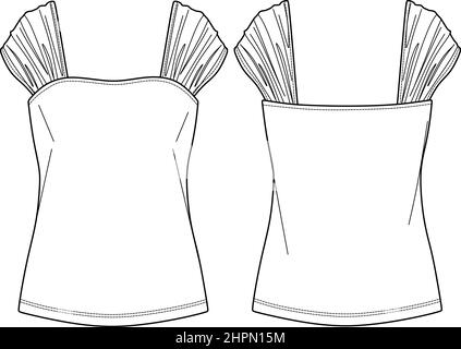 Vector eckigen Hals Top Mode CAD, ärmellose Frau T-Shirt mit gesmokten Schulter Details technische Zeichnung, Vorlage, Skizze, flach. Jersey oder gewebt Stock Vektor