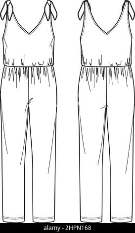 Vector Frau 'V' Ausschnitt Jumpsuit technische Zeichnung, ärmelloses Jersey Jumpsuit mit Schleife Detail Mode CAD, gerade breite Beine Jumpsuit Vorlage, flach, Stock Vektor