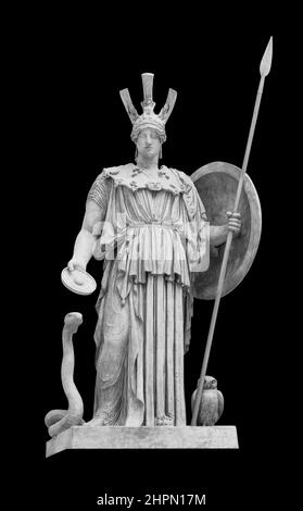 Alte griechische römische Statue der Göttin Athene, der gott der Weisheit, und die kunsthistorische Skulptur, isoliert auf schwarz mit einem Schneideweg Stockfoto