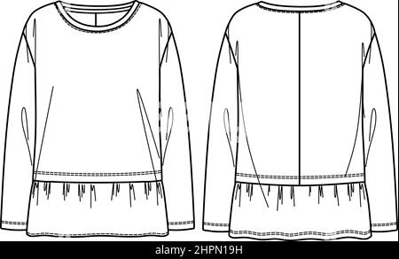 Vektor Frau ausgestellter Saum Sweatshirt Mode CAD, langärmelige Rundhalsausschnitt oben technische Zeichnung, Vorlage, Skizze, flach, Mock up. Fleece- oder Webstoff Stock Vektor