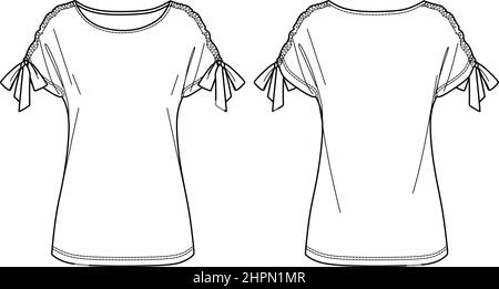 Vektor Drop Schulter oben Mode cad, Frau Sleeveles Rundhalsausschnitt T-Shirt technische Zeichnung. Bluse mit Raffung und dow-Detail-Vorlage, flach, sket Stock Vektor