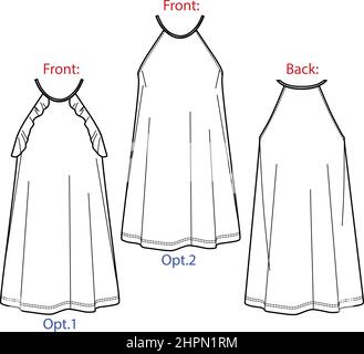 Vektor kurz ausgestelltes Kleid Mode CAD, Frau eine Form Kleid mit Rüschen technische Zeichnung, Kleid mit dünnen Schulterriemen Vorlage, flach, Skizze. Jers Stock Vektor