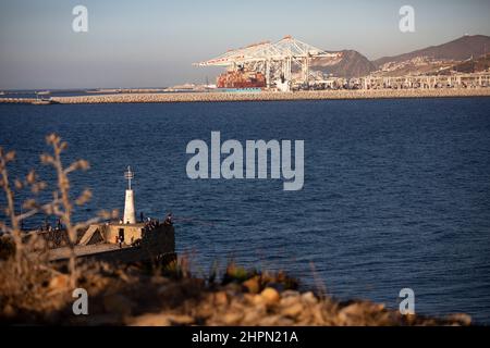 Im Tanger Med Port in Ksar es Seghir, Marokko, Nordafrika, stehen Containerkrane bereit, um Hafenfracht abzuwickeln. Stockfoto