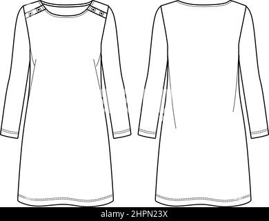 Vector langärmeliges Etuikleid Mode CAD, Rundhalsausschnitt Frauenkleid mit Knopfdetails technische Zeichnung, Vorlage, Skizze, flach. Jersey-Kleid mit F-Shirt Stock Vektor
