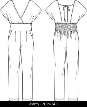 Vector Woman Wrap 'V' Neck Jumpsuit technische Zeichnung, ärmelloses Jersey Jumpsuit mit Schleife Detail Mode CAD, gerade breite Beine Jumpsuit Vorlage, fl Stock Vektor