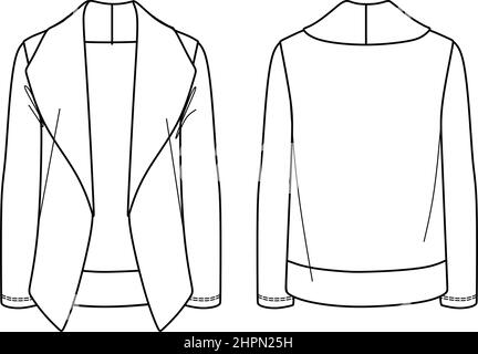 Vector langärmelige Jacke Mode CAD, Winter Frau gestrickt Strickjacke technische Zeichnung, Vorlage, flach, Skizze. Jersey-Jacke mit Vorder- und Rückansicht, Stock Vektor