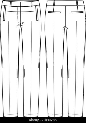 Vektor maßgeschneiderte Hose Mode CAD, Frau Hose mit Taschen und Gürtel technische Zeichnung, Vorlage, Skizze, flach Stock Vektor