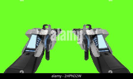 Pixel Kunstwerk Illustration der First Person Ansicht, vr Sci-Fi futuristischen Shooter Plasma Pistole Waffen auf grünem Bildschirm Hintergrund. Stockfoto