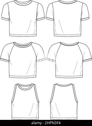 Vector Kurzarm T-Shirt Mode CAD, Frau Rundhalsausschnitt ärmellos oben technische Zeichnung, Vorlage, flach, Skizze. Jersey oder gewebter Stoff 3 Stück Stock Vektor