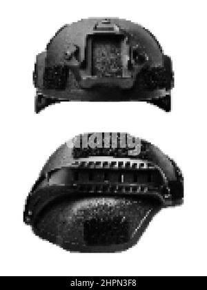 Pixel Kunstwerk Illustration von schwarz farbigen modernen Soldaten Helm isoliert auf weißem Hintergrund. Stockfoto