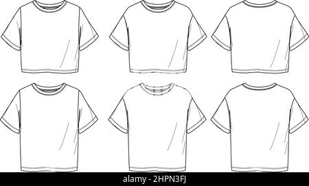 Vector Kurzarm T-Shirt Mode CAD, Frau rund Hals fallen gelassen Schulter oben technische Zeichnung, Vorlage, flach, Skizze. Jersey oder Gewebe 2 pi Stock Vektor