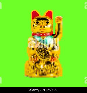 Pixel Kunstwerk Illustration von goldfarbenen japanischen Katze maneki neko Symbol Spielzeug auf grünem Bildschirm Hintergrund. Stockfoto