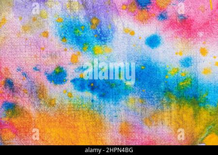 Abstrakter, farbenfroher Aquarellhintergrund, helle Blots, Spritzer auf Texturpapier Stockfoto