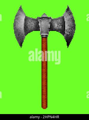 Pixel-Kunstwerk Illustration der Fantasie zweiseitige wikinger Axt Waffe auf grünem Bildschirm Hintergrund. Stockfoto