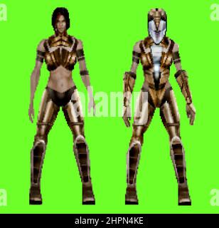 Pixel Artwork Illustration der Sci-Fi futuristischen weiblichen Kriegerfigur in Cyber-Rüstung Anzug auf grünem Bildschirm Hintergrund. Stockfoto