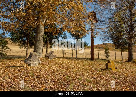 Alter alter alter Friedhof. Verlassene Grabsteine. Begräbnisstätte. Podzamcok. Slowakei. Stockfoto