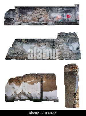 Pixel-Grafik Illustration von 16-Bit-Clipart von grungy und zerstört verschiedene Wände isoliert auf weißem Hintergrund. Stockfoto