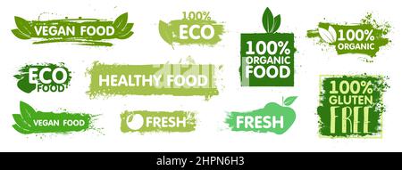 Aufkleber für natürliche Bio-Lebensmittel. Logo für vegane Lebensmittel Stock Vektor