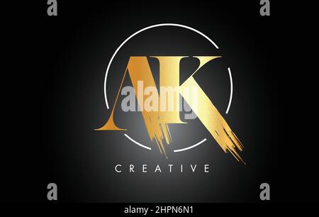 Goldene AK-Pinselsträbe mit Logo-Design. Schwarzes Letersymbol mit Logo und elegantem Circle Vector Design. Stock Vektor