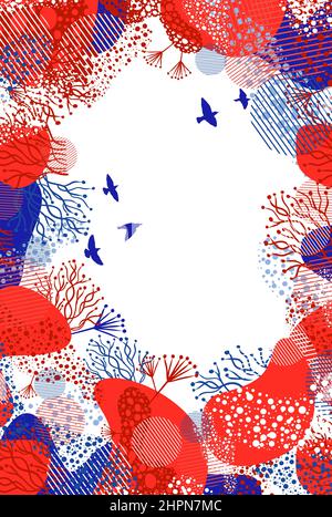 Abstrakter vertikaler Rahmen für Herzlichen Glückwunsch. Rot-blaue Farben mit Vögeln und Blumen. . Vektorgrafik Stock Vektor