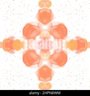 Orangefarbene und gelbe Farbtöne der Wasserfarbe, die auf einen quadratischen weißen Hintergrund mit Punkten für zusätzliches Interesse gestrichelt wurden. Stockfoto