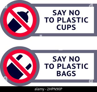 Sagen Sie Nein zu Plastiktüten, Tassen, trendigen ökologischen Sticker Set für Druck, Vektor-Illustration Stock Vektor