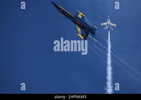 Blue Angel 5 setzt beim Training im NAF El Centro hart aus der Airshow-Box. Stockfoto