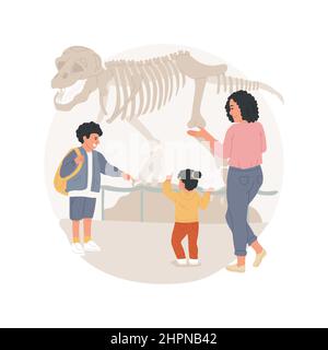 Dinosaurier-Museum isoliert Cartoon Vektor Illustration Familie Blick auf lebensgroße Dinosaurier-Skelett, Naturkundemuseum, Reisen zusammen, Ausflug, glückliche Kinder in Dino-Park Vektor-Cartoon. Stock Vektor