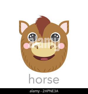 Pferd nettes Porträt mit Name Text Lächeln Kopf Cartoon runde Form Pony Tier Gesicht, isolierte Vektor-Symbol Illustrationen auf weißem Hintergrund. Flach einfach für Kinder Poster, Karten, T-Shirts, Babykleidung Stock Vektor