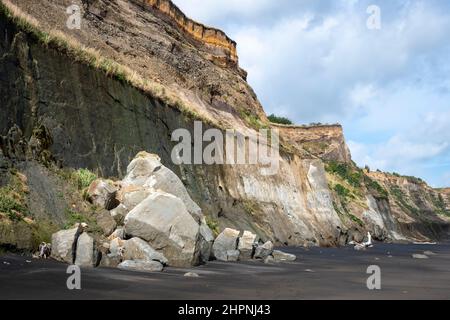 Steinschlag von Küstenklippen, Ohawe Beach, South Taranaki, North Island, Neuseeland Stockfoto