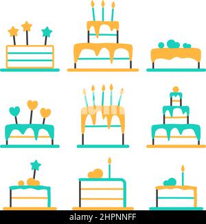 Geburtstagskuchen. Festliche Symbole mit flachen Linien Stock Vektor