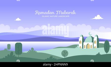 Islamische Ramadan Kareem Moschee Landschaft mit flachem Design Stock Vektor