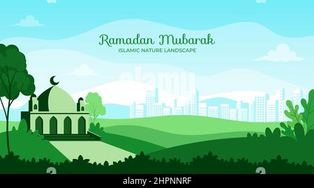 Hand gezeichnet flach schöne Cartoon islamische Moschee mit Landschaft Stock Vektor