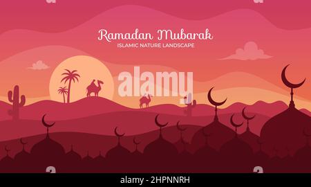 Eid al-fitr Moschee mit flacher Wüstenlandschaft Stock Vektor