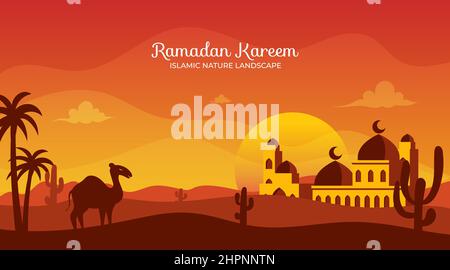 Eid al-fitr oder eid mubarak im Hintergrund mit abstrakter Wüstenlandschaft Stock Vektor