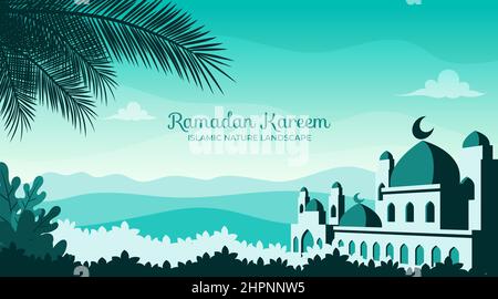 Handgezeichnete flache Design islamische Moschee mit Landschaft Stock Vektor