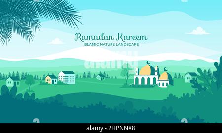 Eid mubarak Grußkarte Hintergrund mit einfachen flachen Landschaft Design Stock Vektor